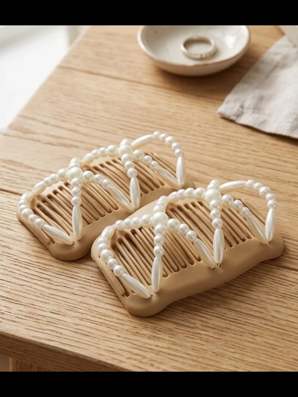 Beige Double-Pearl Hair Comb Clip - Women Accessories (2pc)